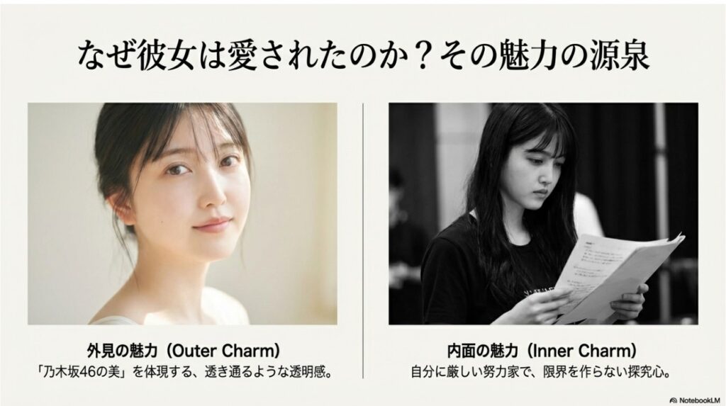 乃木坂46・久保 史緒里の「外見の美しさ」と「努力家な内面」という両立する魅力を紹介する画像
