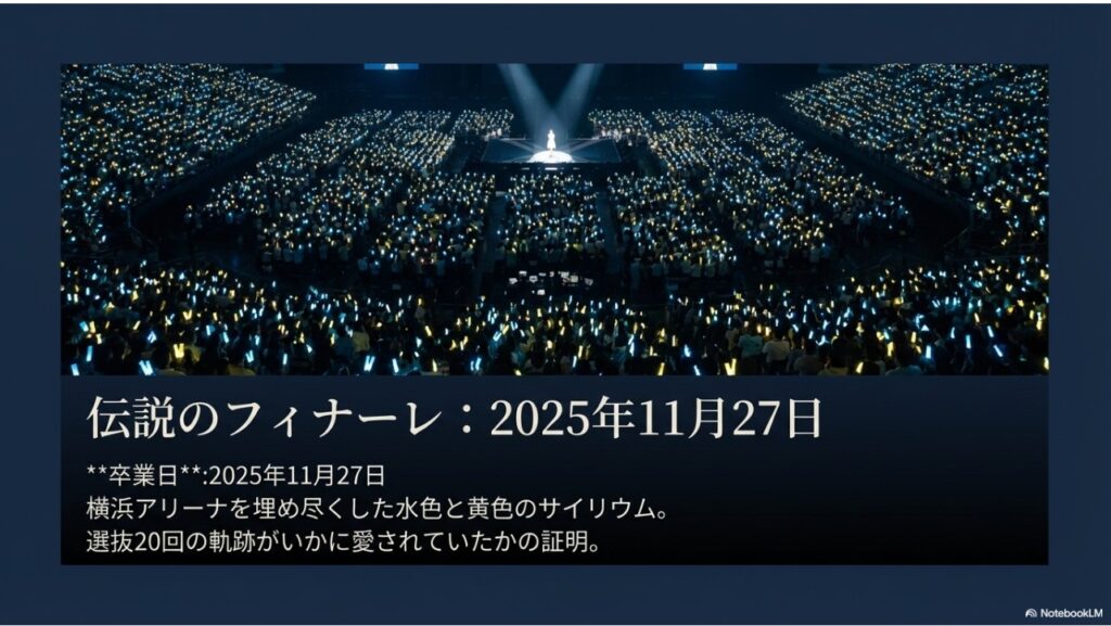 2025年11月27日の卒業コンサートで、水色と黄色のサイリウムに包まれフィナーレを迎える久保 史緒里