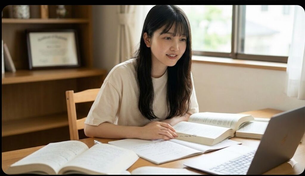 机で教科書とパソコンを広げて熱心に勉強している久保史緒里のイメージ