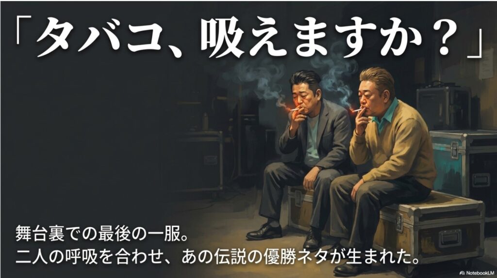 M-1グランプリ決勝の舞台裏で最後の一服をするサンドウィッチマンのイラスト