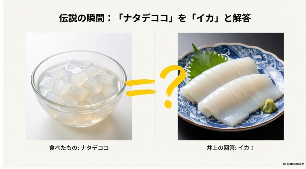 透明なナタデココの画像と白いイカの刺身の画像を並べ、「＝？」で比較した図解
