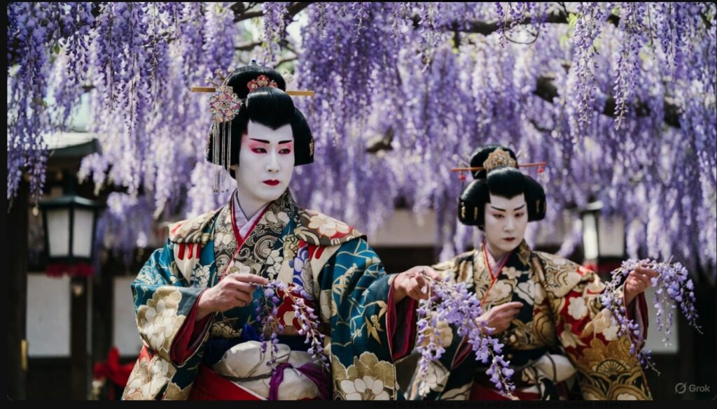 映画『国宝』の演目「二人藤娘」。横浜流星と吉沢亮が演じる女形が藤の花の下で優雅に舞う共演シーン