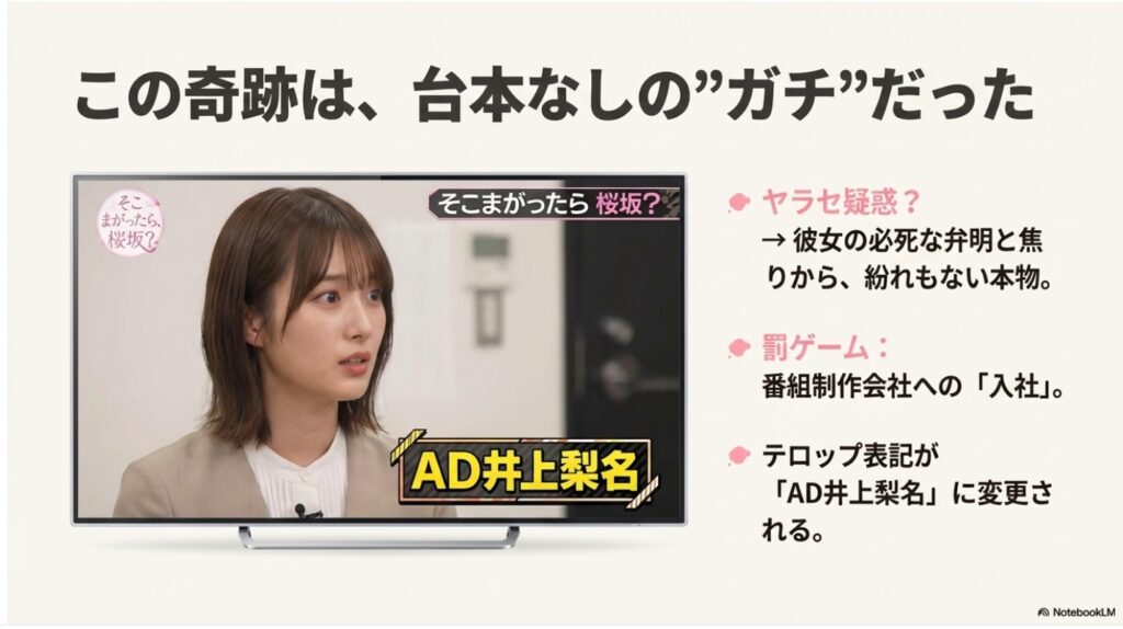 「そこ曲がったら、櫻坂？」の画面風フレーム内で、「AD井上梨名」というテロップが表示されている井上梨名の写真