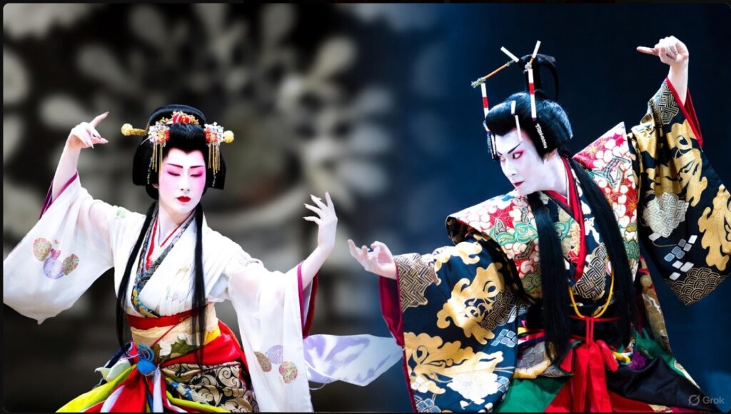 吉沢亮の「柔」の演技と横浜流星の「剛」の演技の対比。妖艶な女形と力強い女形という異なる魅力を持つ二人の歌舞伎舞踊