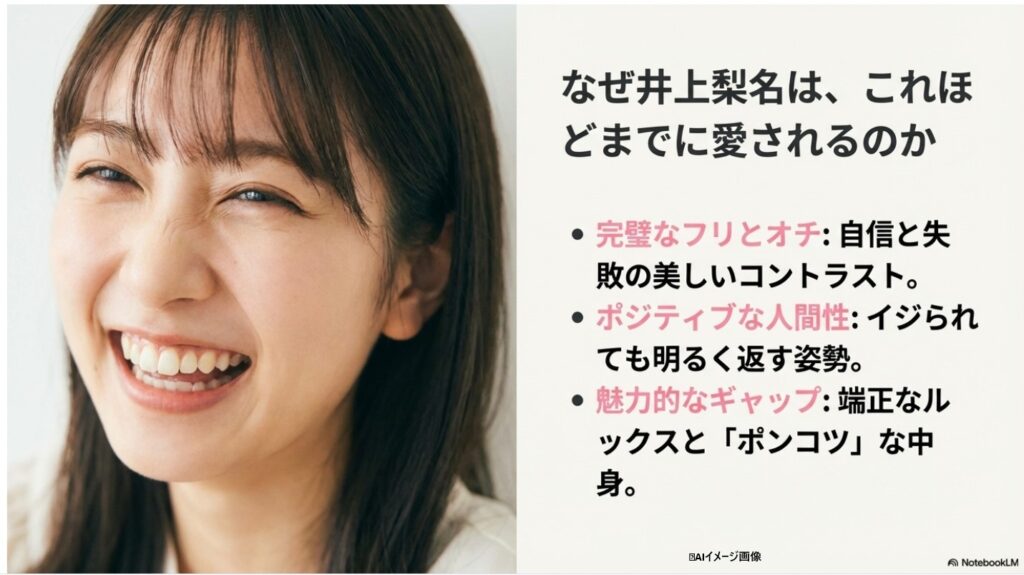 櫻坂46井上梨名の笑顔の写真と「愛すべき『味覚音痴』伝説の全貌」というタイトル文字