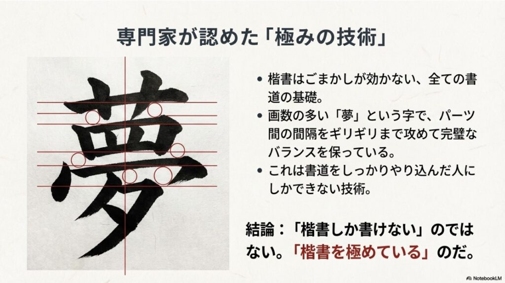 専門家が極みの技術と認める大友花恋の楷書「夢」のバランス解説