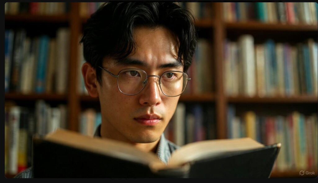 図書館で本を開き真剣な眼差しで学ぶ日本人男性