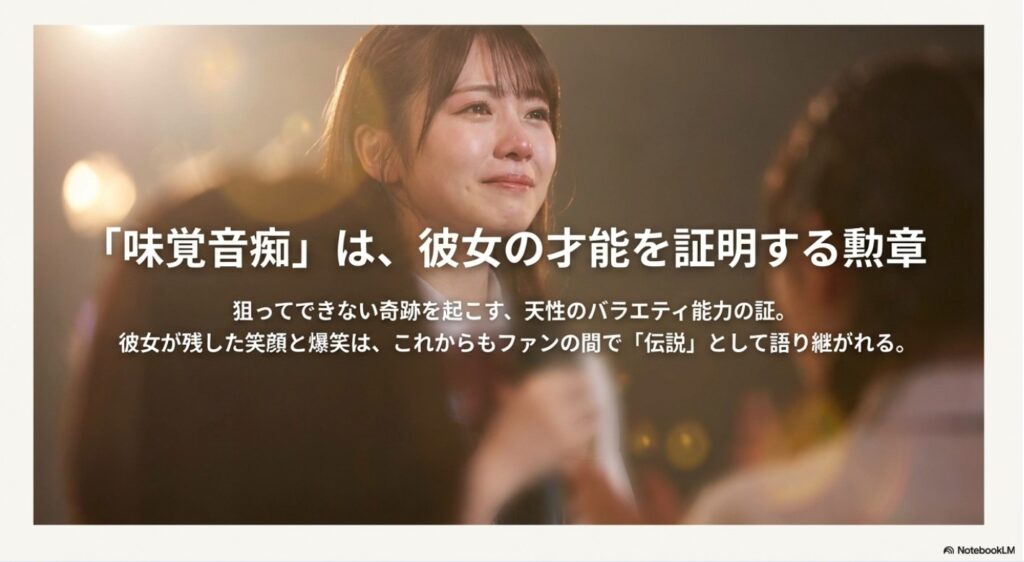 「『味覚音痴』は、彼女の才能を証明する勲章」というメッセージテキスト