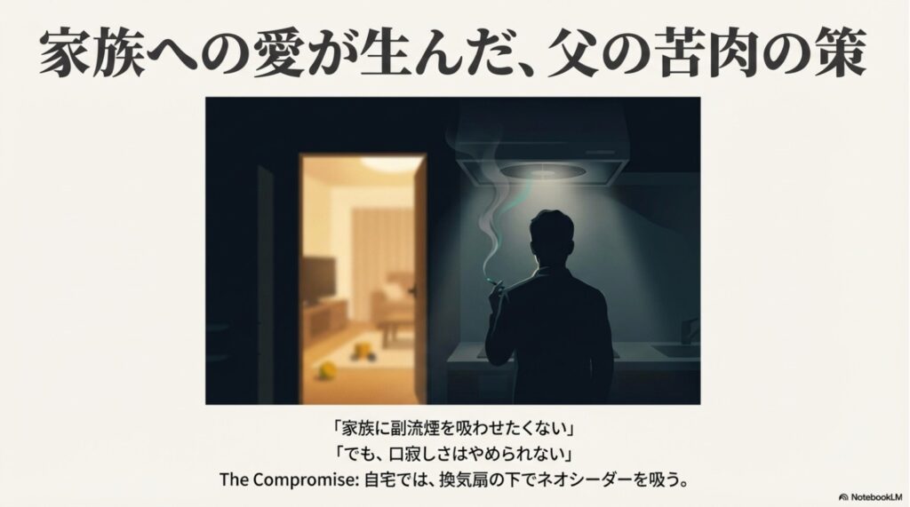 家族への配慮で換気扇の下でネオシーダーを吸う富澤たけしのイメージ