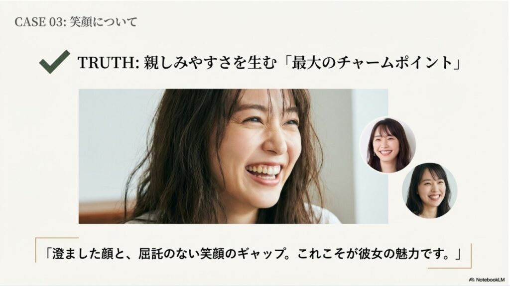 大友花恋の最大のチャームポイントである屈託のない笑顔と澄ました顔とのギャップ