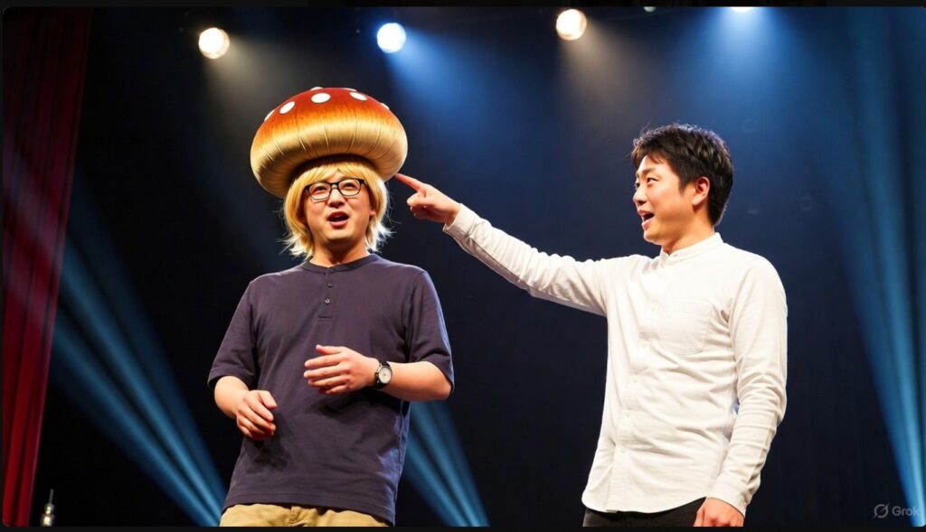 漫才中に相方の川北がガクのカツラや被り物を指さしてネタにしているステージ風景