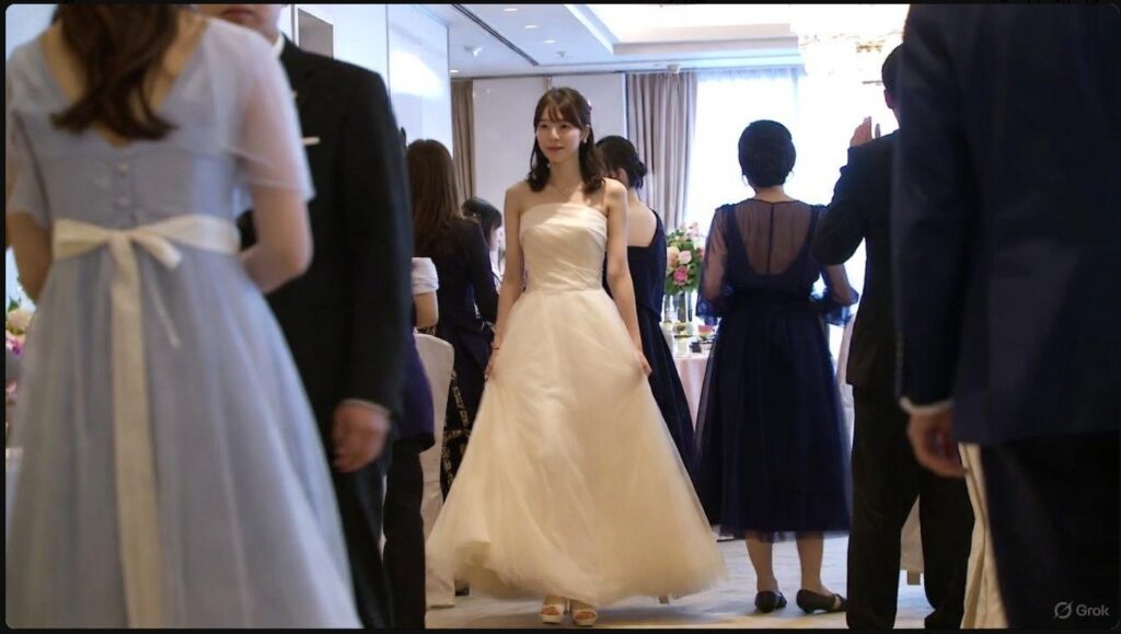 結婚披露宴の会場で、白に近い色のロングドレスを着用して歩いている女性ゲストの様子