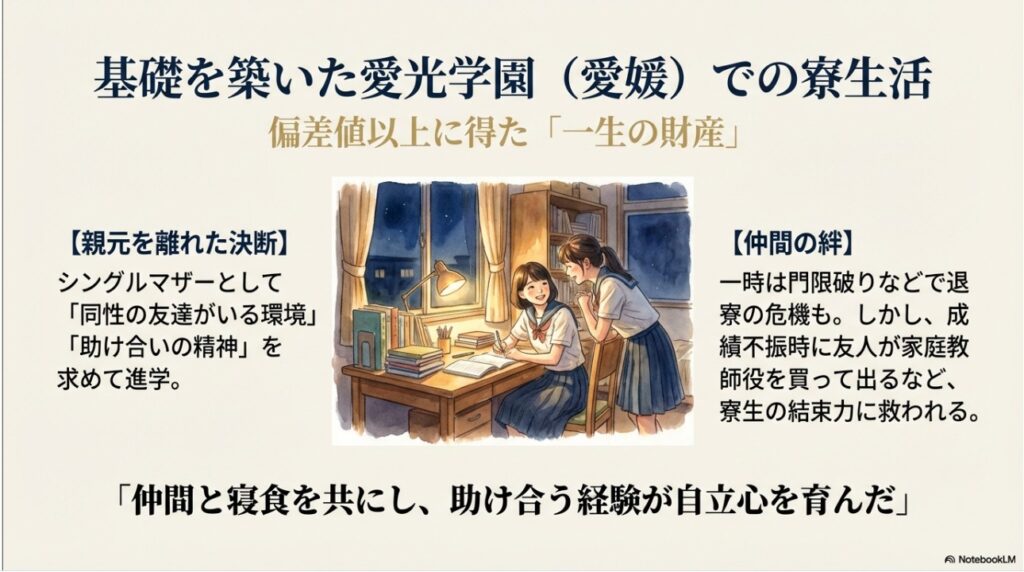 愛光学園（愛媛）での寮生活イラスト。仲間との絆と自立心を育んだ日々