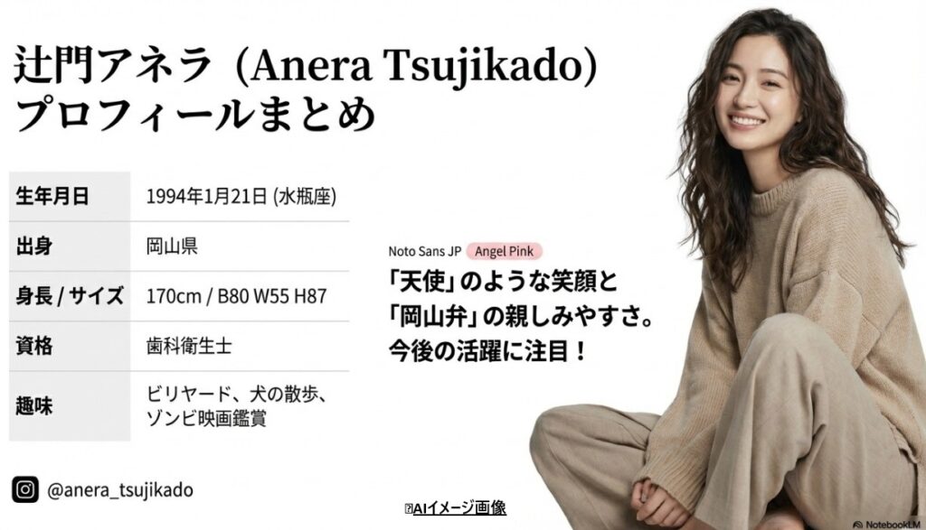 辻門アネラ(Anera Tsujikado)プロフィールまとめ。生年月日、出身地（岡山県）、身長、歯科衛生士資格などを記載したポートレート