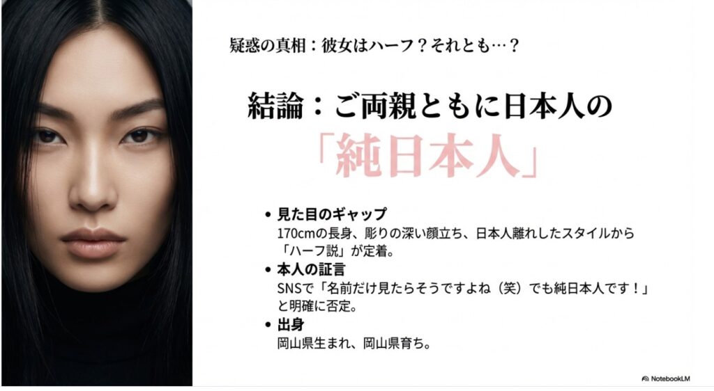 疑惑の真相：彼女はハーフ？結論はご両親ともに日本人の純日本人。170cmの長身と彫りの深い顔立ちの辻門アネラ