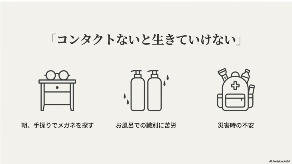 強度近視の日常的な苦労を描いたイラスト