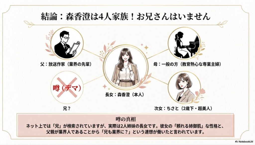 森香澄の家族構成図解：父（放送作家）、母（専業主婦）、妹（ちさと）、兄はいないという結論