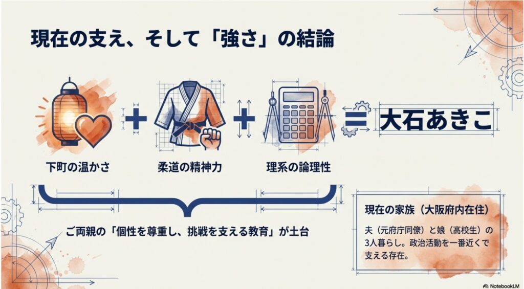 大石あきこの強さを構成する要素と、夫や娘など現在の家族の支えを表したまとめの図