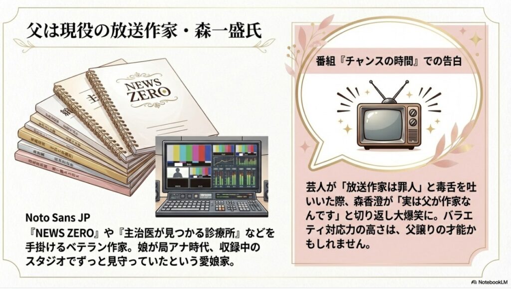 森香澄の父親は現役放送作家の森一盛氏。『NEWS ZERO』などを担当し番組で親子関係を告白