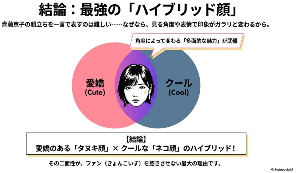 齊藤京子の顔立ちは愛嬌のあるタヌキ顔とクールなネコ顔のハイブリッドであることを示す図