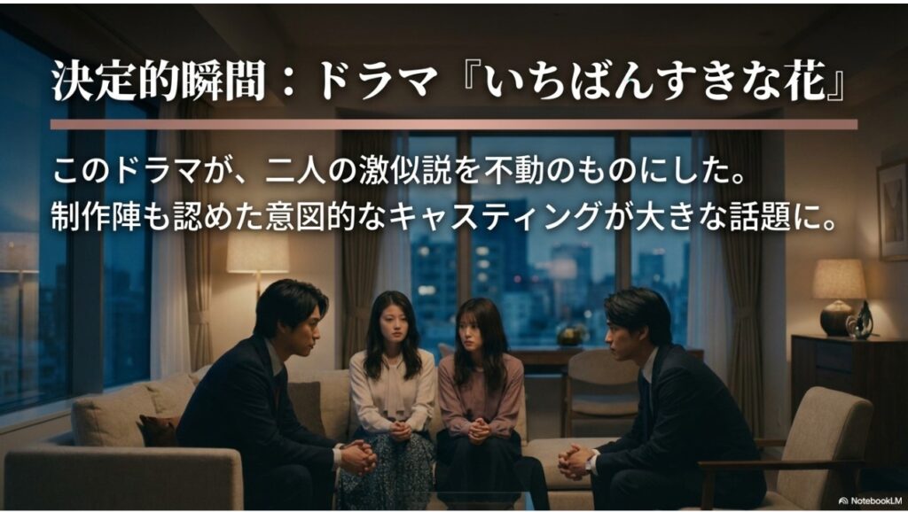 ドラマ『いちばんすきな花』のワンシーン。このドラマでの共演が、出口夏希と今田美桜の激似説を決定づけたことを示す画像