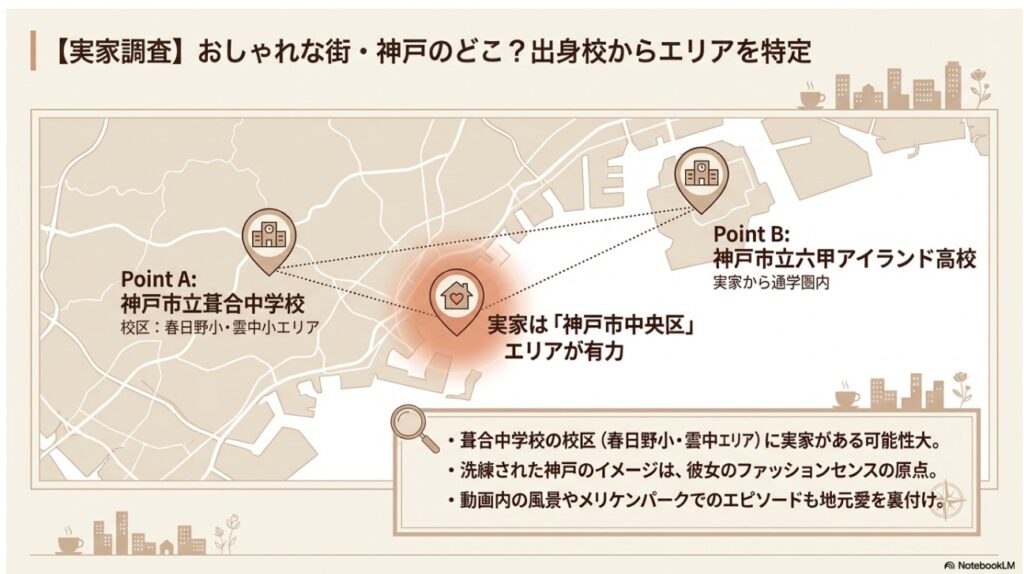 伊原葵の実家エリア地図 神戸市立葺合中学校と六甲アイランド高校から特定