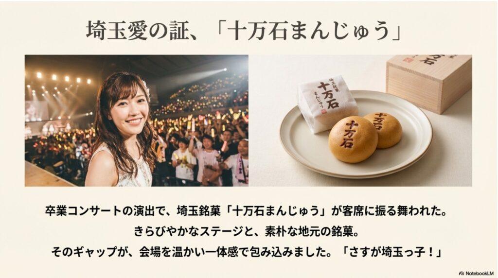 渡辺麻友の卒業コンサートで振る舞われた埼玉銘菓「十万石まんじゅう」の写真