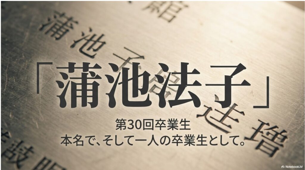 蒲池法子の名が刻まれた寄贈プレート。第30回卒業生として本名で母校に貢献