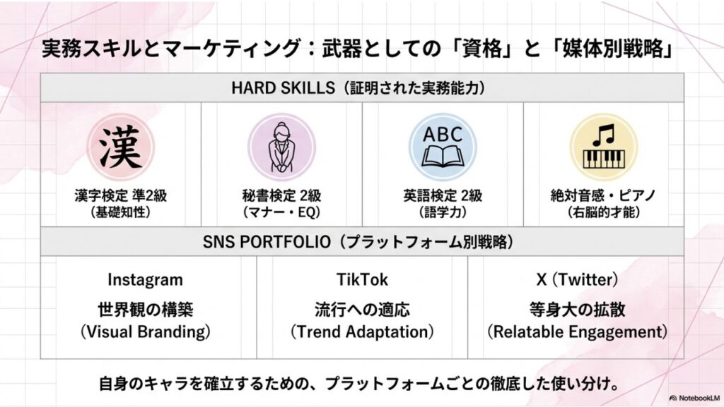 森香澄の実務スキル：漢字検定・秘書検定などの資格とInstagram・TikTok・Xの媒体別SNS戦略