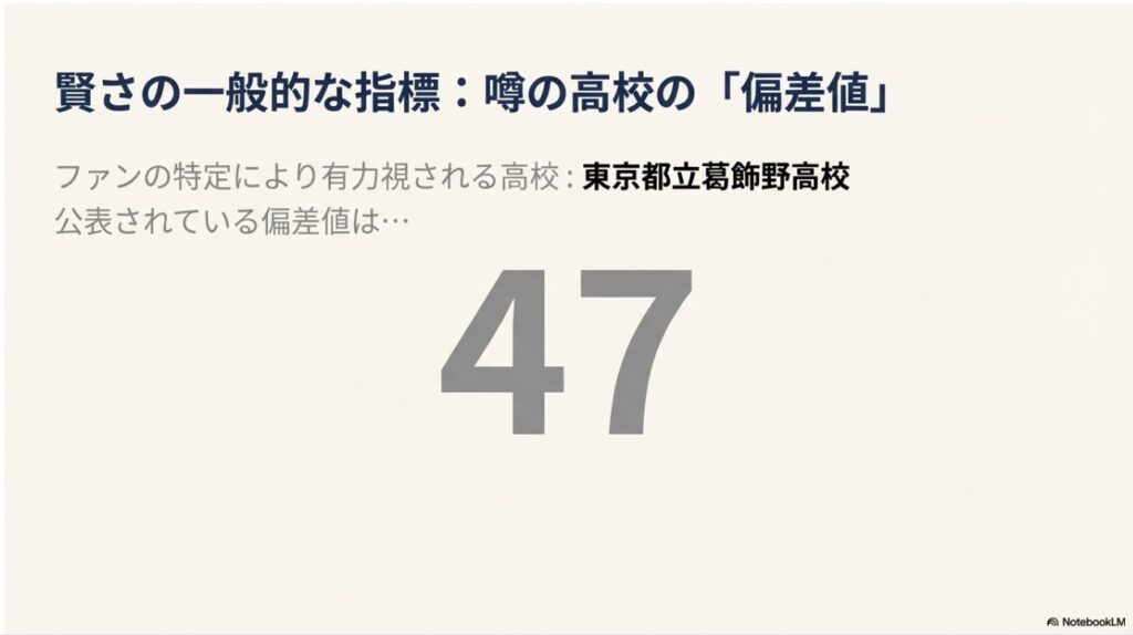 長浜広奈の通う高校として有力視される東京都立葛飾野高校の偏差値47を示すスライド