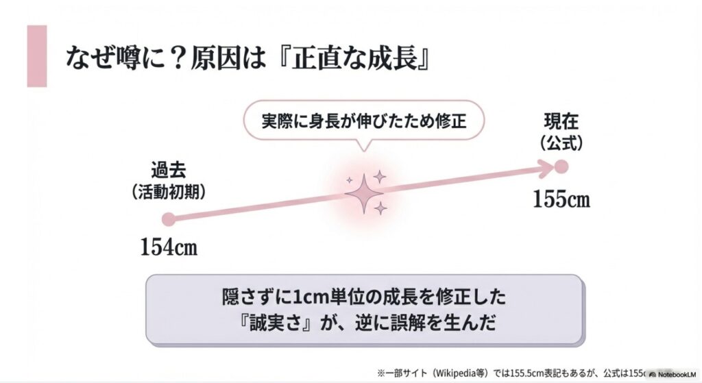 齊藤京子の身長が154cmから155cmへ実際に伸びた経緯を示すタイムライン