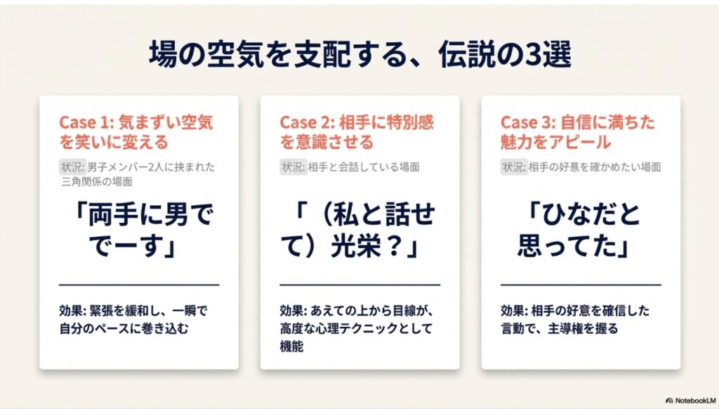 場の空気を支配する長浜広奈の伝説の語録「両手に男でーす」など3選を紹介するスライド