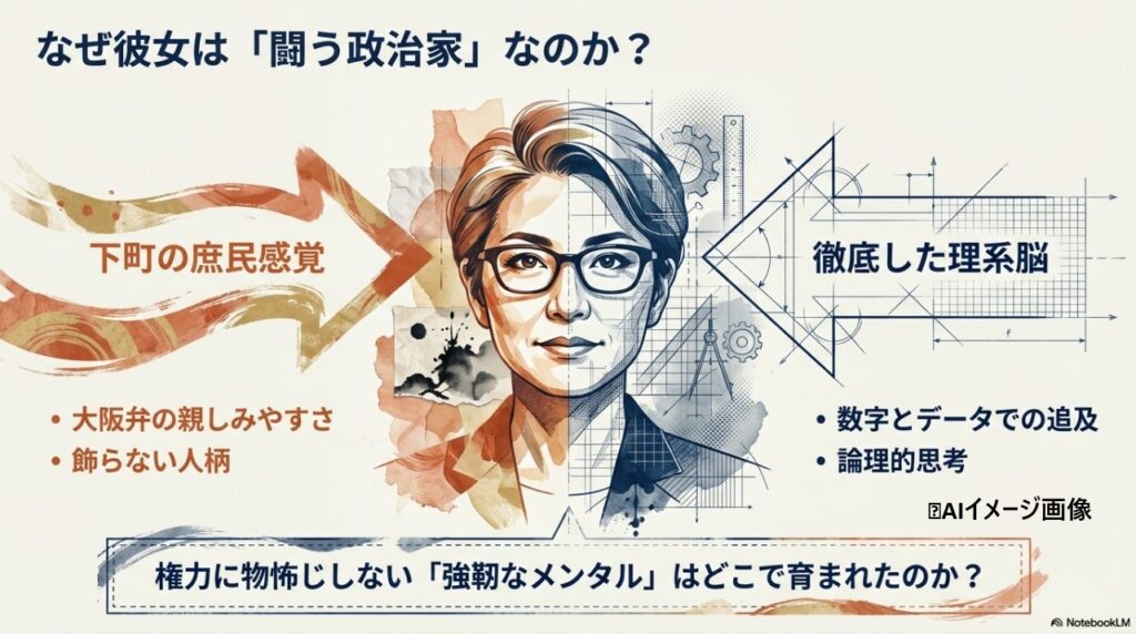なぜ闘う政治家なのか。大石あきこの下町の庶民感覚と徹底した理系脳の二面性を比較した図