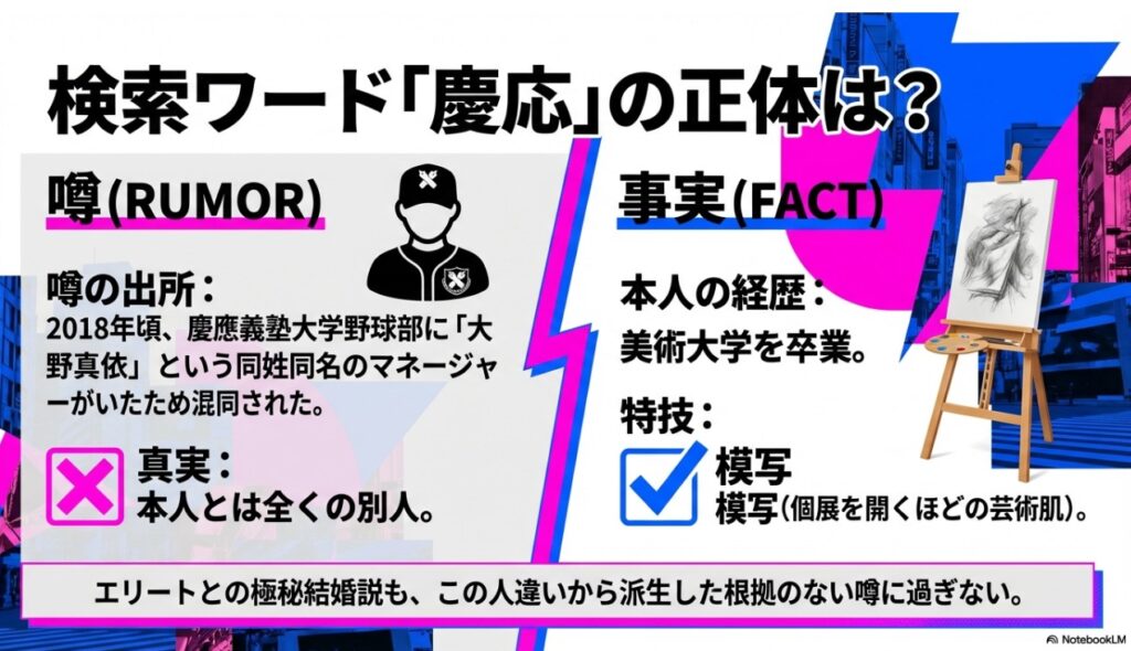 検索ワード「慶応」の正体は大野真依と同姓同名の野球部マネージャー（噂と事実の比較図解）