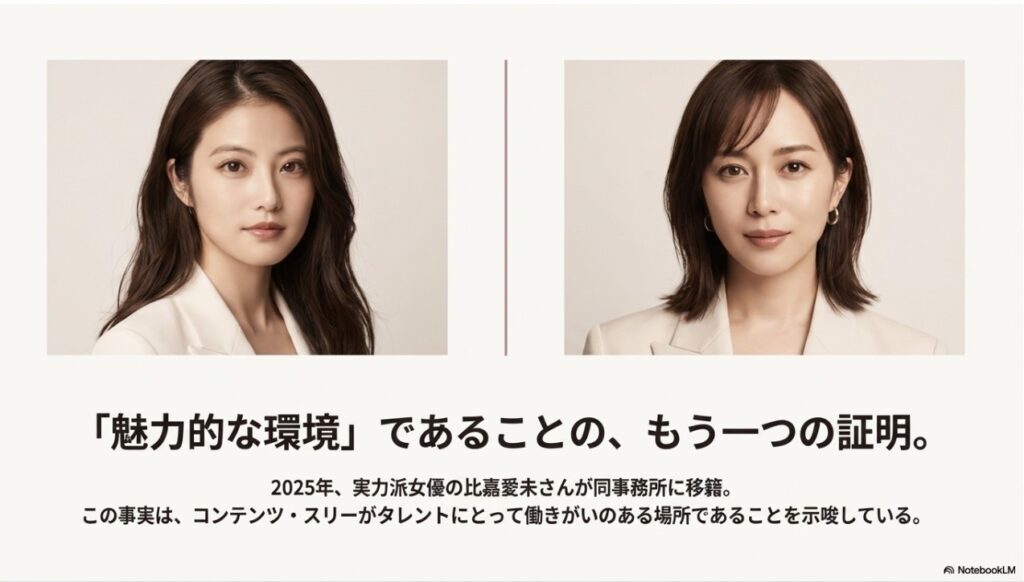2025年に比嘉愛未が同じ事務所に移籍したことで、魅力的な環境であることが証明されたという解説