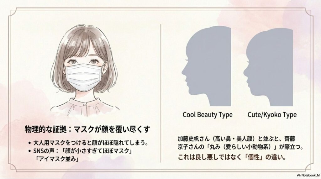 齊藤京子の小顔を証明するマスク着用図と、加藤史帆との横顔（鼻の形）比較イラスト