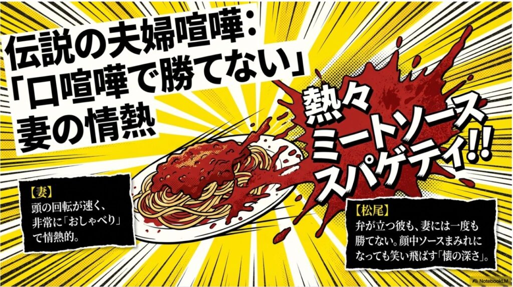 松尾貴史の伝説の夫婦喧嘩｜妻に熱々ミートソーススパゲティを投げられたエピソードのイメージ図