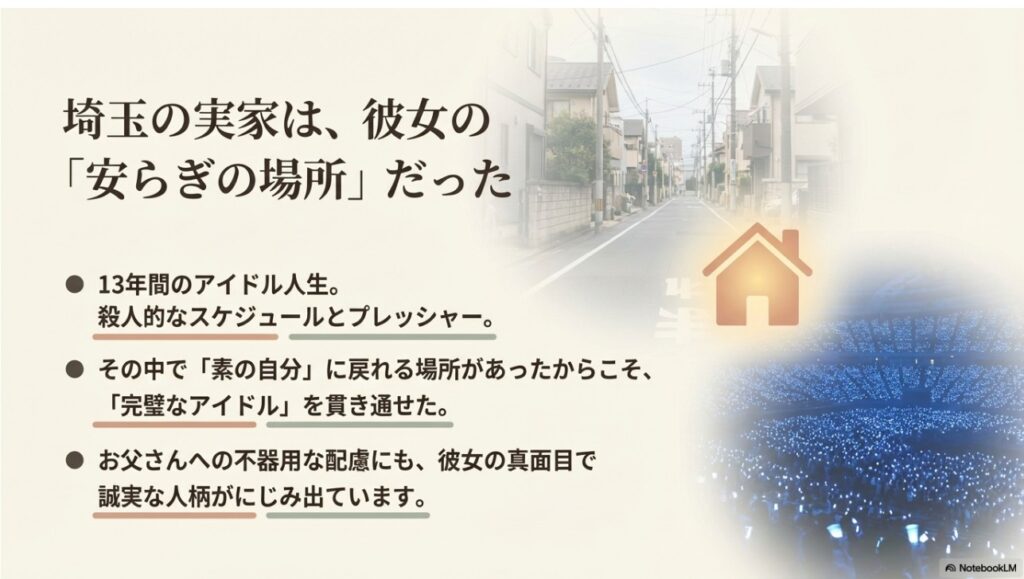 埼玉の実家が渡辺麻友にとって安らぎの場所であったことを総括するスライド