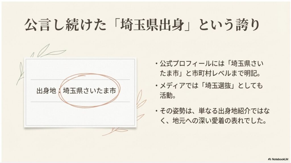 渡辺麻友が公式プロフィールで「埼玉県さいたま市」出身と公言していたことを示すスライド