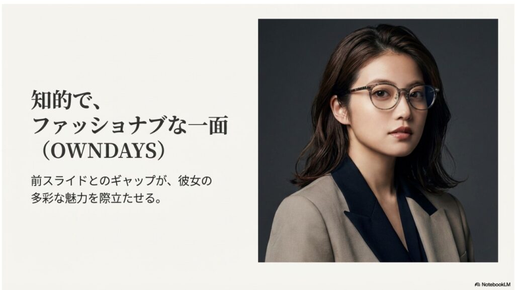 OWNDAYSのメガネを着用した知的な雰囲気の今田美桜