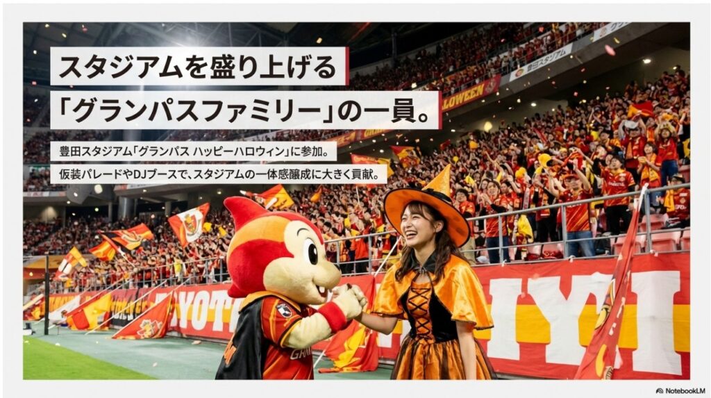 スタジアムを盛り上げる「グランパスファミリー」の一員。豊田スタジアム「グランパス ハッピーハロウィン」に参加。