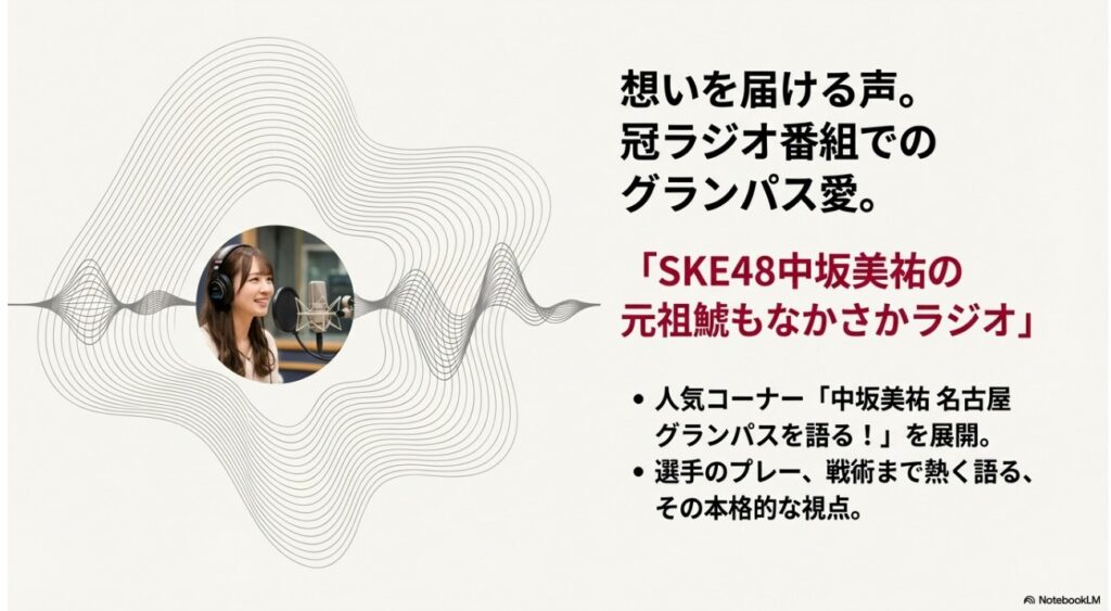 想いを届ける声。冠ラジオ番組「SKE48中坂美祐の元祖鯱もなかさかラジオ」でのグランパス愛。
