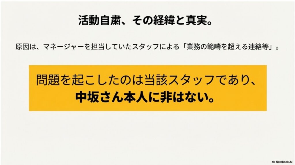 活動自粛、その経緯と真実。原因は、マネージャーを担当していたスタッフによる「業務の範疇を超える連絡等」。問題を起こしたのは当該スタッフであり、中坂さん本人に非はない。