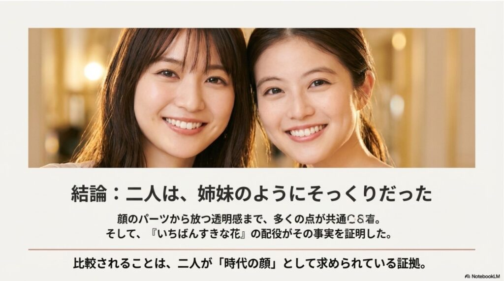笑顔の出口夏希と今田美桜のツーショット。「二人は、姉妹のようにそっくりだった」という結論を示す、二人の類似性を象徴する画像