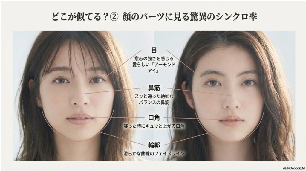 出口夏希と今田美桜の顔のパーツ（目、鼻筋、口角、輪郭）を詳細に比較・解説した画像。アーモンドアイや鼻筋のバランスなど、具体的な類似点を図解