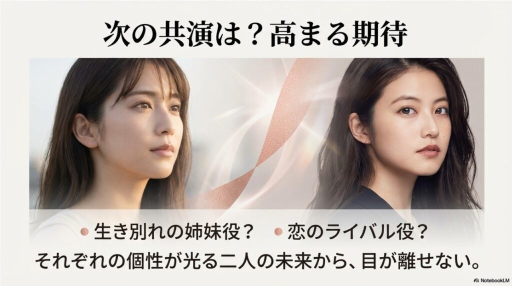 出口夏希と今田美桜の横顔を並べた画像。「次の共演は？」というテキストと共に、生き別れの姉妹役やライバル役など、今後の共演への期待を煽るビジュアル