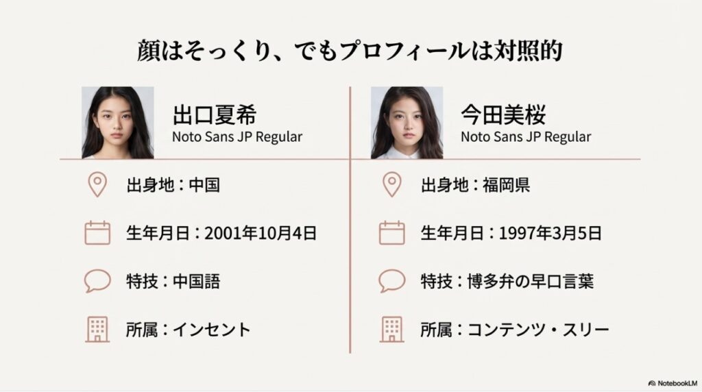出口夏希と今田美桜のプロフィール比較表。出身地（中国/福岡）、生年月日、特技（中国語/博多弁）などの違いを対照的に掲載