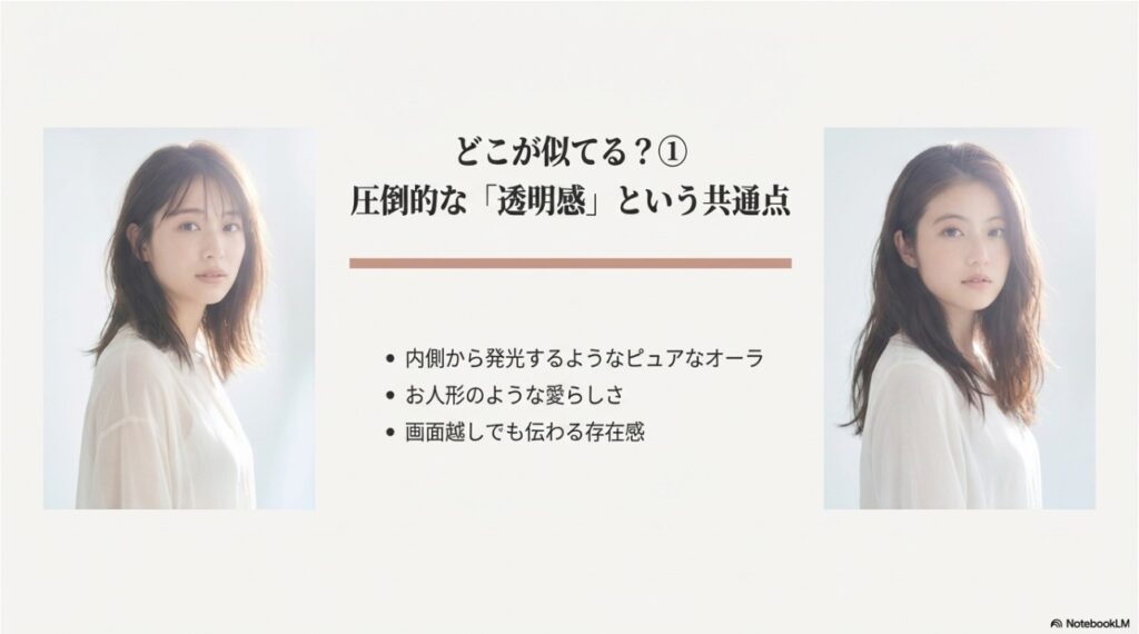 出口夏希と今田美桜の透明感を比較。「内側から発光するようなピュアなオーラ」など、二人の共通点である透明感を強調した画像
