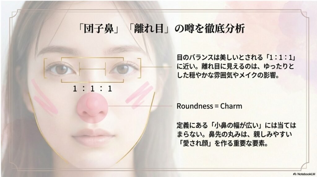 齊藤京子の団子鼻と離れ目の噂を画像検証。目の比率は黄金比の1:1:1で鼻先の丸みは愛され顔の要素