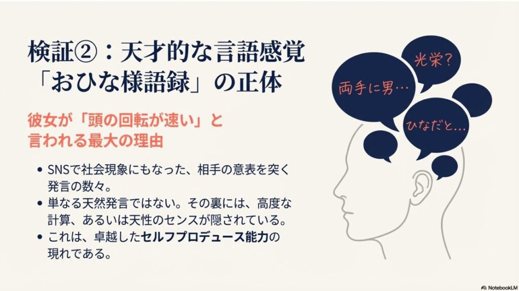 長浜広奈の「おひな様語録」に見る天才的な言語感覚と頭の回転の速さを分析したスライド